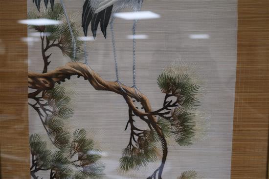 A Chinese watercolour, 40 x 30cm and a silkwork of cranes, 90 x 37cm